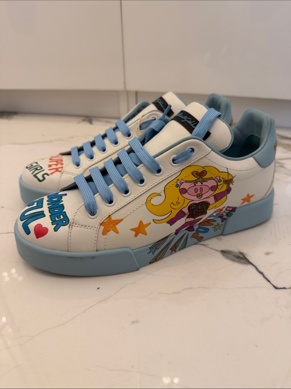 Dolce & Gabbana White & Light Blue Graphic Women's Sneakers